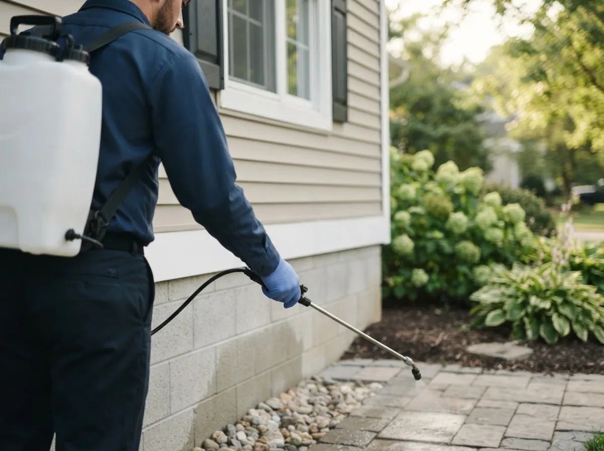 Pest control technician inspecting a home in Evanston, IN